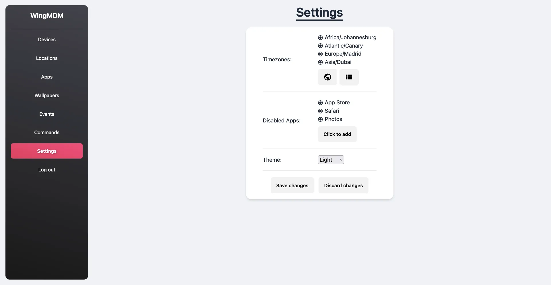 Settings page